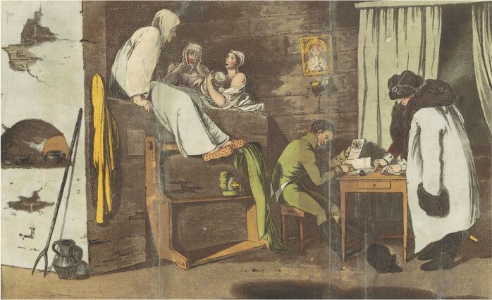 Доставка почты, интерьер почтовой станции. Иллюстрация из книги «Travelling Sketches in Russia and Sweden». Лондон. 1813. British Library