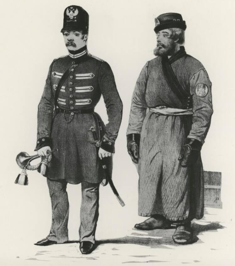 Форма одежды кучера и кондуктора, сопровождающего почтовый пассажирский дилижанс в России в XVIII в.